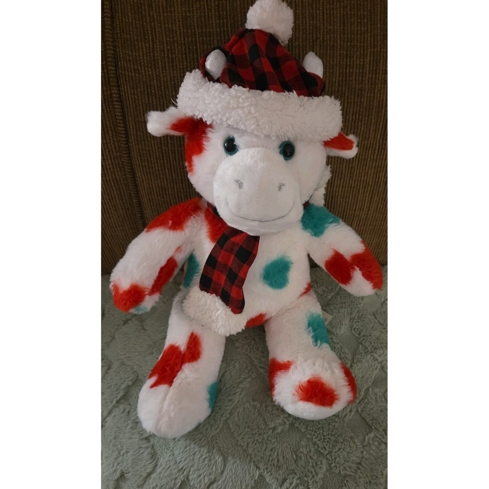 Build A Bear Mooey Holiday Christmas cow stuffed animal with plaid hat & scarf